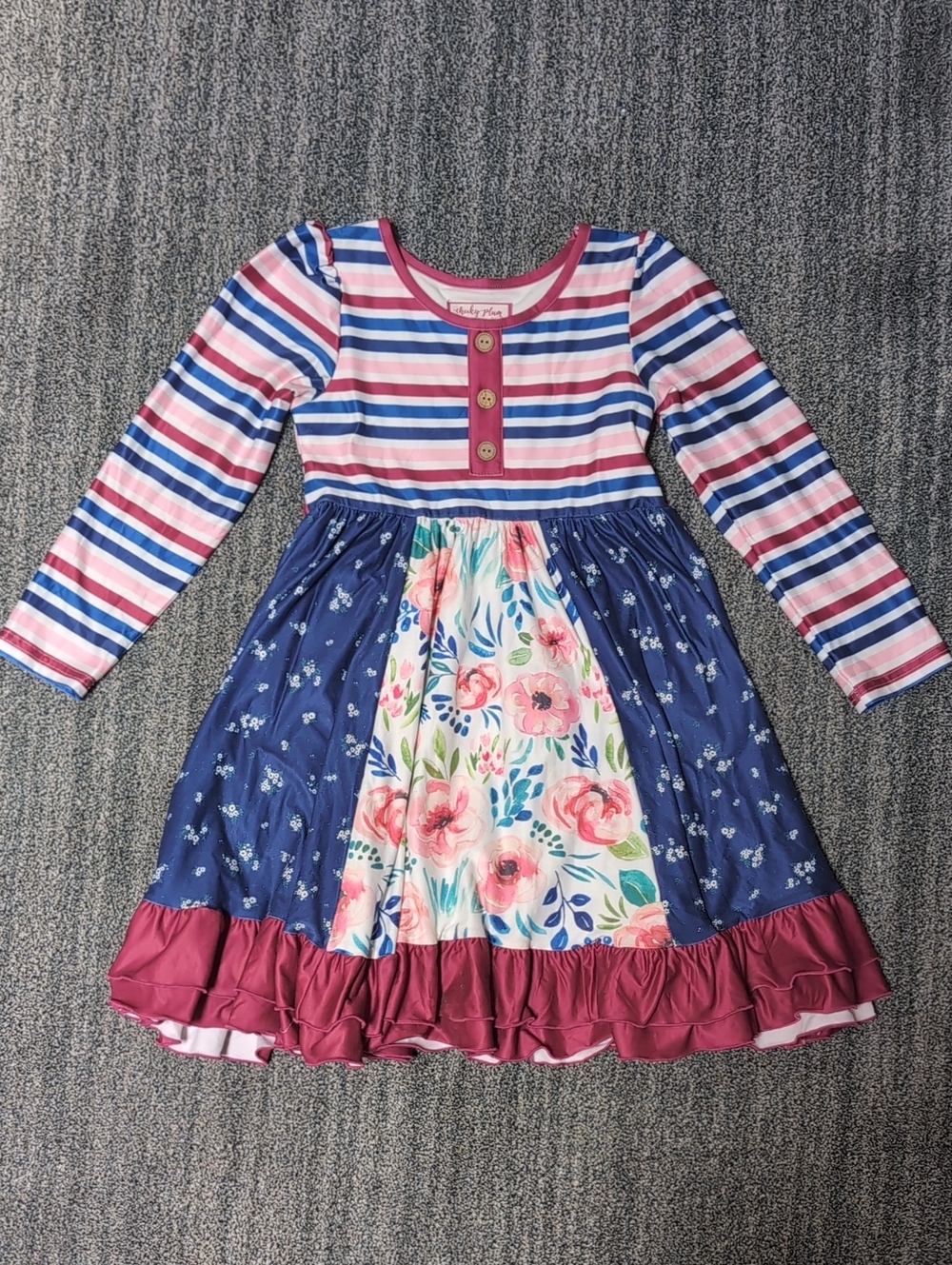 Girls Cheeky Plum Size 7 Navy Floral & Pink Striped Long Sleeve Dress